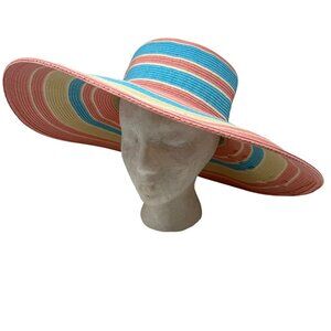 Striped Wide Brim Sun Beach Hat UPF50+ Protection Blue / Yellow ‎ /Pink Stripes
